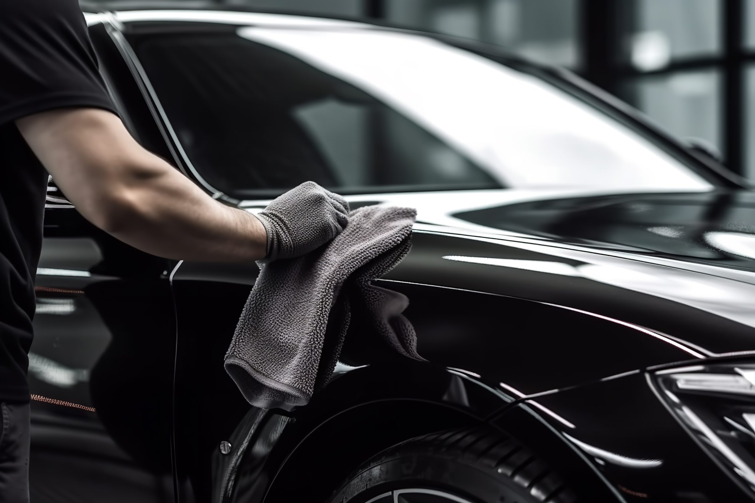 A man cleaning black car with microfiber cloth, car detailing (or valeting) concept. Selective focus. – Generative AI