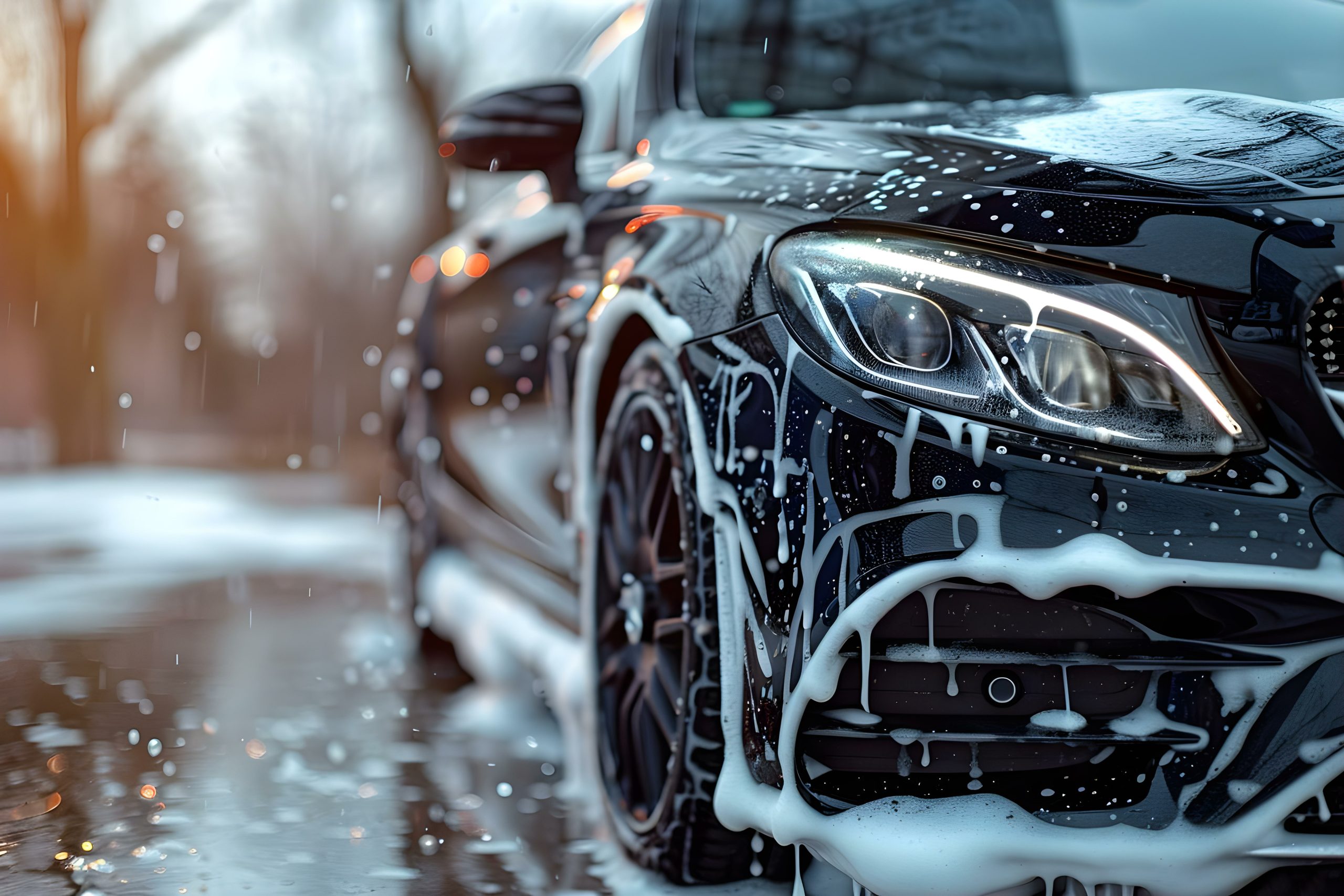 Professional car wash A black car being cleaned with soapy solutions. Concept Car Wash Services, Soapy Solutions, Vehicle Detailing, Black Car Cleaning, Professional Auto Care